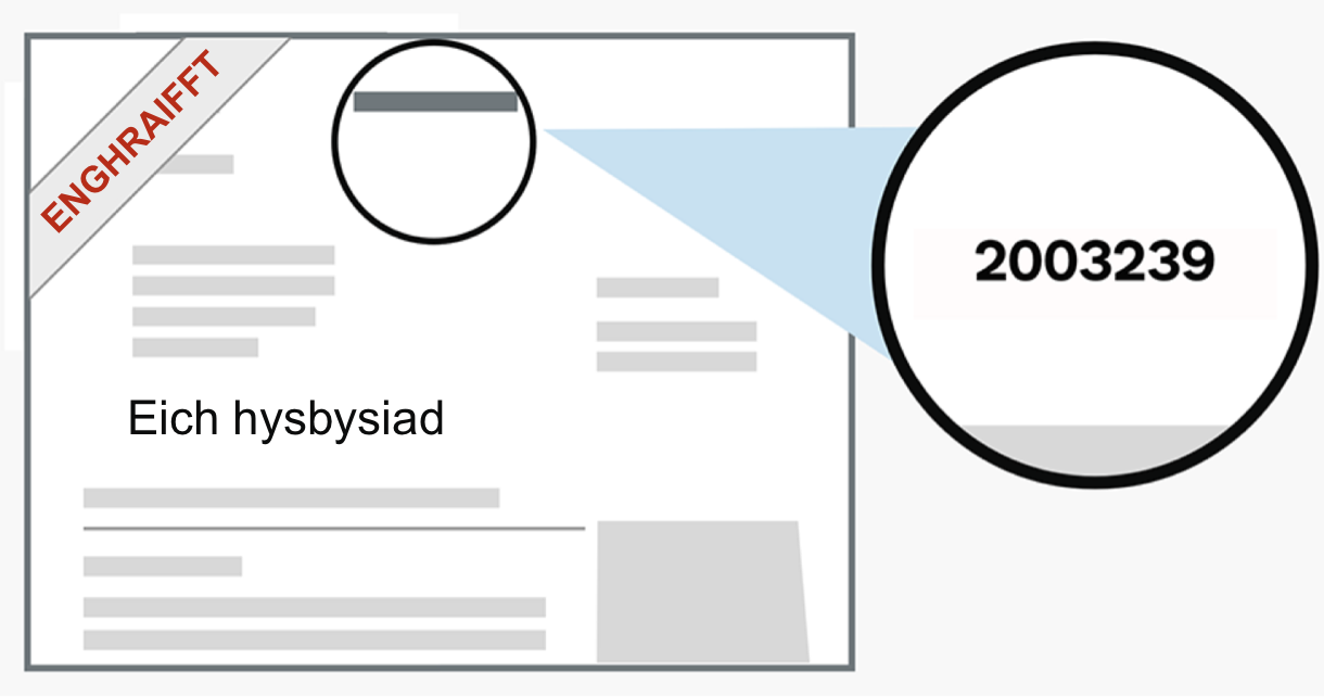 Gallwch ddod o hyd i rif yr achos neu’r cyfeirnod unigryw ar frig eich hysbysiad, gyferbyn â’ch cyfeiriad.